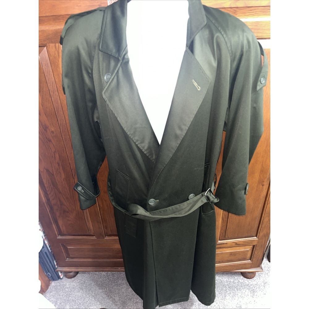 Women's sz M Dark Green Lined Long Raincoat, Trench coat Belt Pockets VTG Aggio